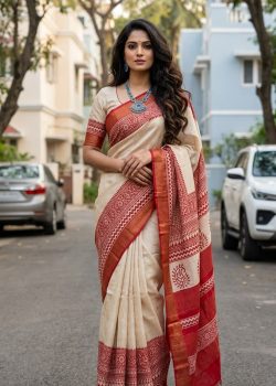 Block Print on Zari Border Bishnupuri Tussar Saree
